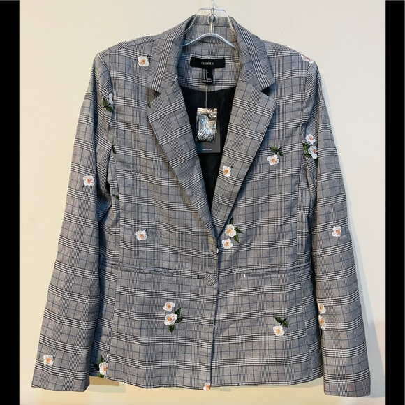 Forever 21 Blk & White Blazer w/ Embroidered Flowers - Picture 1 of 8